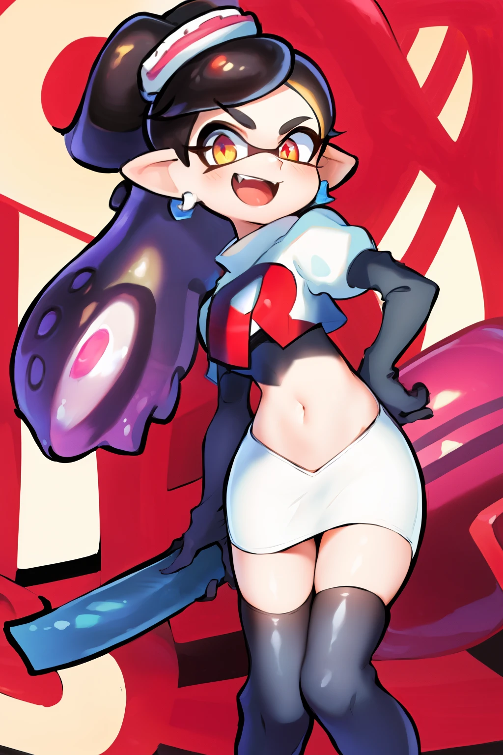 masterpiece, best quality, splatoon,callie, long hair, tentacle hair, cute, team rocket,team rocket uniform,white skirt,red letter R,crop top,black thigh-highs,black elbow gloves