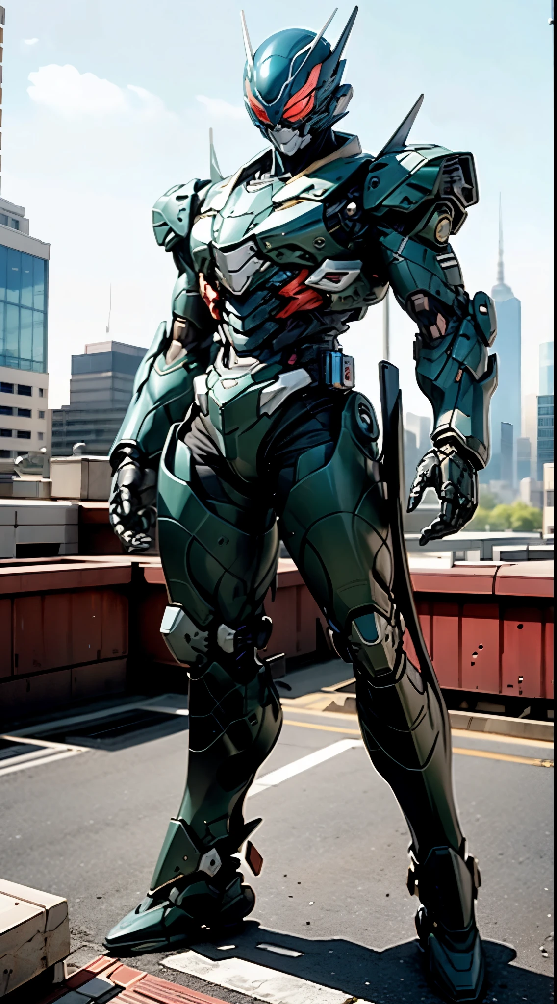 A super  a high-tech biotech battle suit, standing on a rooftop, looking over the city, Japanese tokusatsu and American comic style, biometallic texture of the suit, sleek and shiny, dynamic, fast, natural light, cinematic, high quality, high resolution, high detail, sophisticated design, dramatic, high definition, ultra-detailed, ultra-fine painting, extremely delicate, creativity, Natural light, cinematic lighting, best shadow, masterpiece-anatomy-perfect