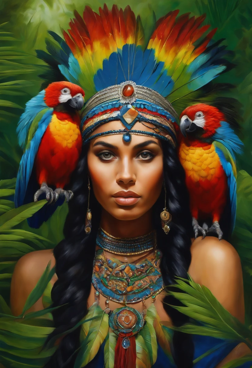 Baroque style painting of a young indigenous woman with a headdress made of Macaw feathers on her head, indigenous body paint, beautiful and strong young woman, blue clothes, green panther eyes, long straight, silky, black hair falling over her shoulders, in the background a forest with jaguars guinea fowl and panthers.