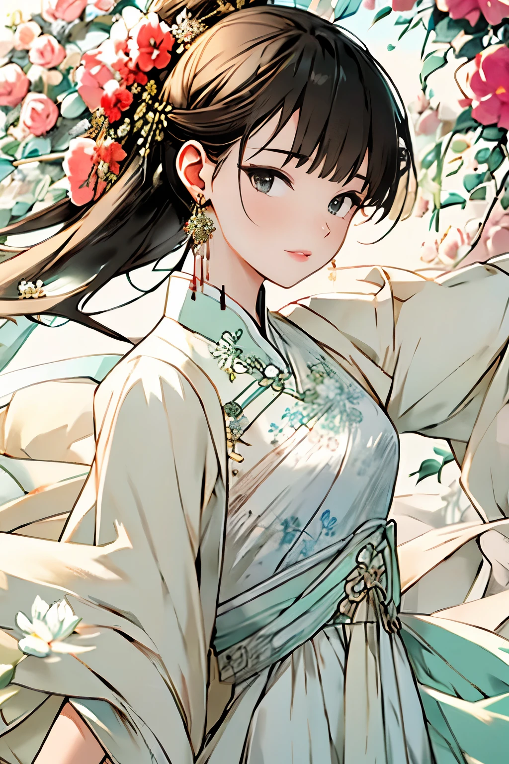 masterpiece,(masterpiece, top quality, best quality),Chinese clothing, outdoors, upper body, looking at the viewer, 1 girl, flowers around, delicate face