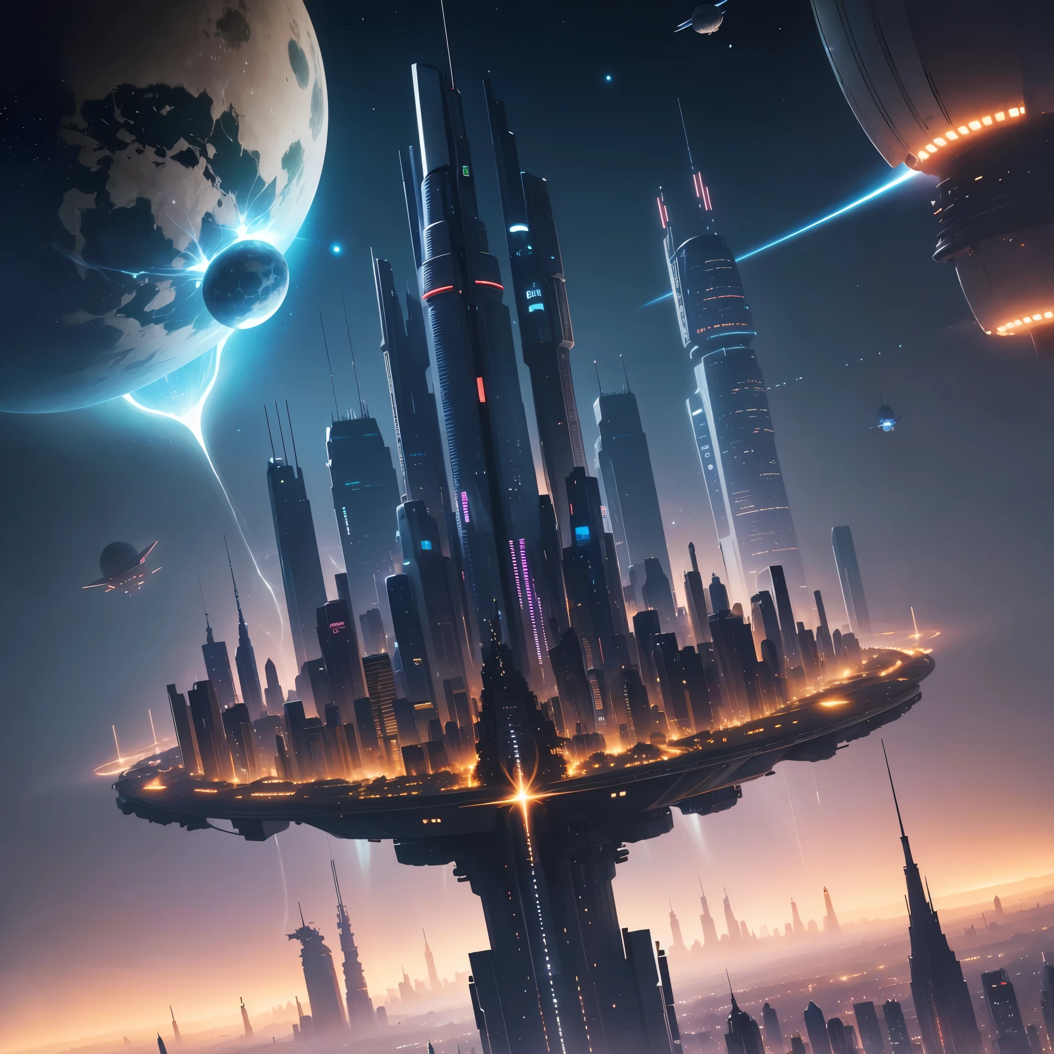 Space technological futuristic flying city 、cidades futuristas、alien、flutuando no universo、cyberpunk、Skyscrapers are lined up、A space station、qualidade superior、obra prima、２４century、Dream、utopic、Planeta Terra、Mundo de Dreamantasia、romantico、cidade bonita