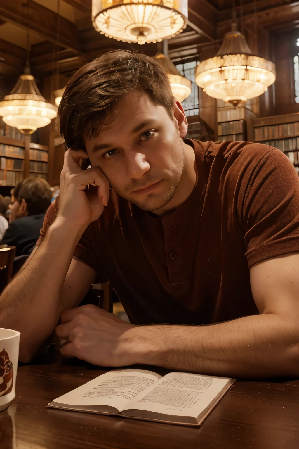 (a man bloger psyhologist is sitting at a table at the New York Library, Andrey Ryabovich, about 3-5 years old, Andrey Surnov, Andrey Ryabovichev, Michal, a 40-year-old man, Tomasz Szczalkowski, Patrick Hardzei, 38 years old), illustrations, high-quality, ultra-detailed, realistic, vivid colors, portraits, warm color tones, soft lighting