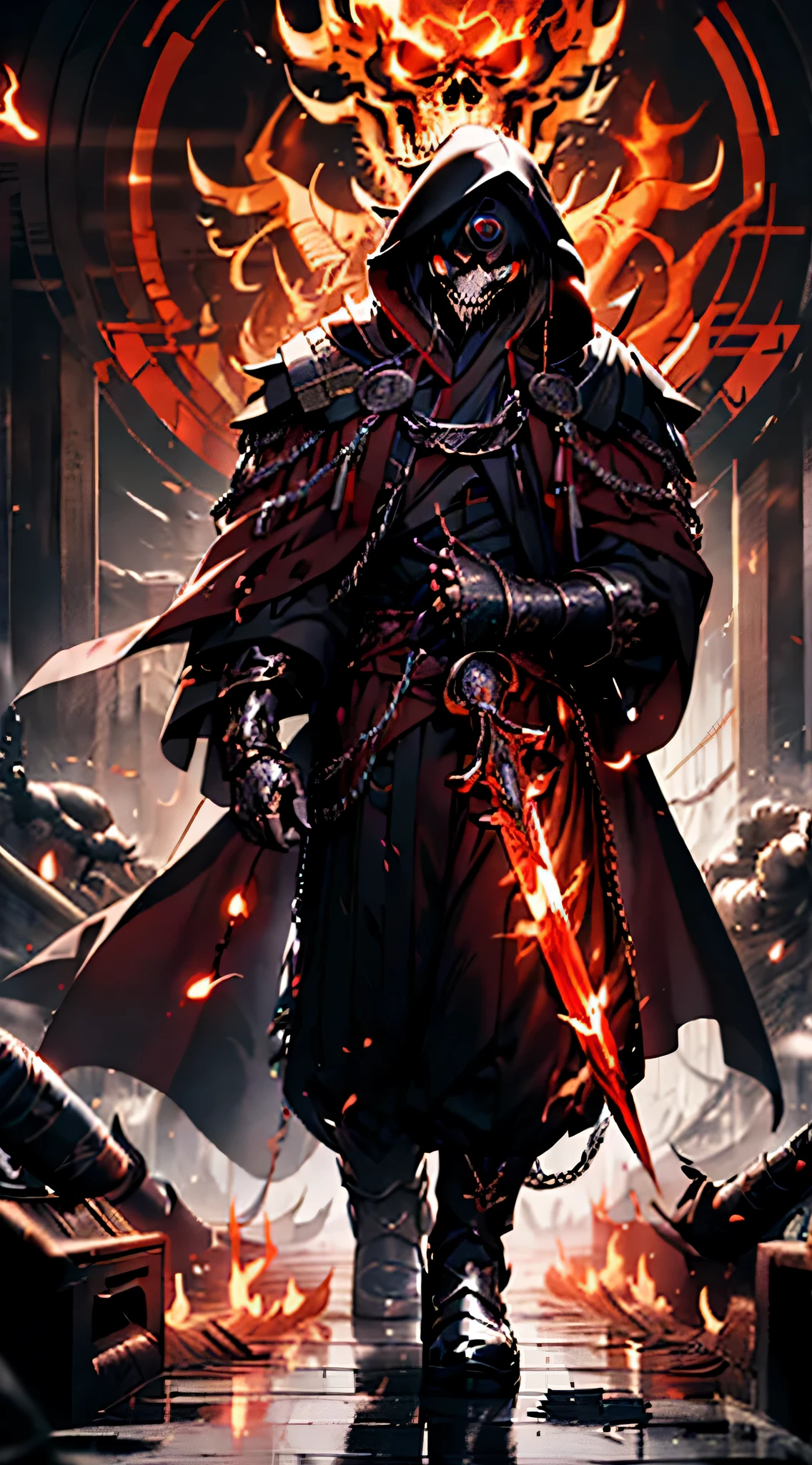 top-quality、Top image quality、​masterpiece、Diabolical((Black cloak、well-muscled、best macho、full body chain、Angry eyes、Red blood、fighting poses、lava body,Body of Flame、Skeleton head、Holding a flaming sword in his right hand、Flame shield held in left hand)),hiquality、Beautiful Art、Background with((A crumbling city、the City of Fire)),masutepiece、Elaborate design、visualart、Perfect Art、Horror movie style、