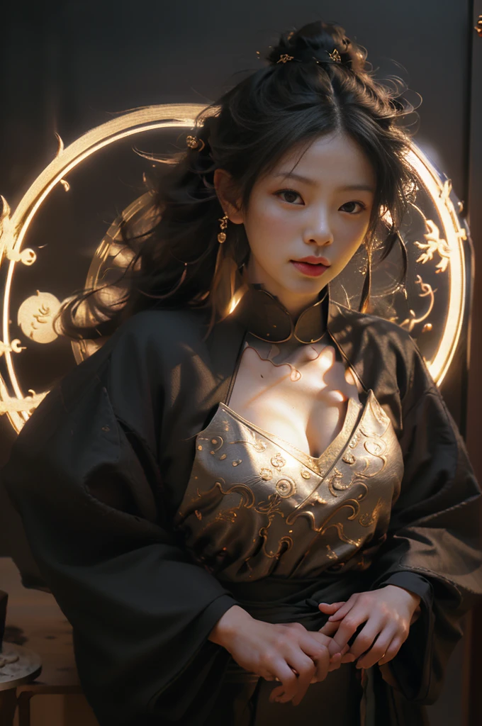 Best quality,masterpiece,ultra high res,(photorealistic:1.4),xiuxian,weapon,Detailed face,.1girl,solo,weapon,cleavage,(magic circle:1.2),xiuxian,upper body,Beautiful girl,full body,east asian architecture,sheath,architecture,.