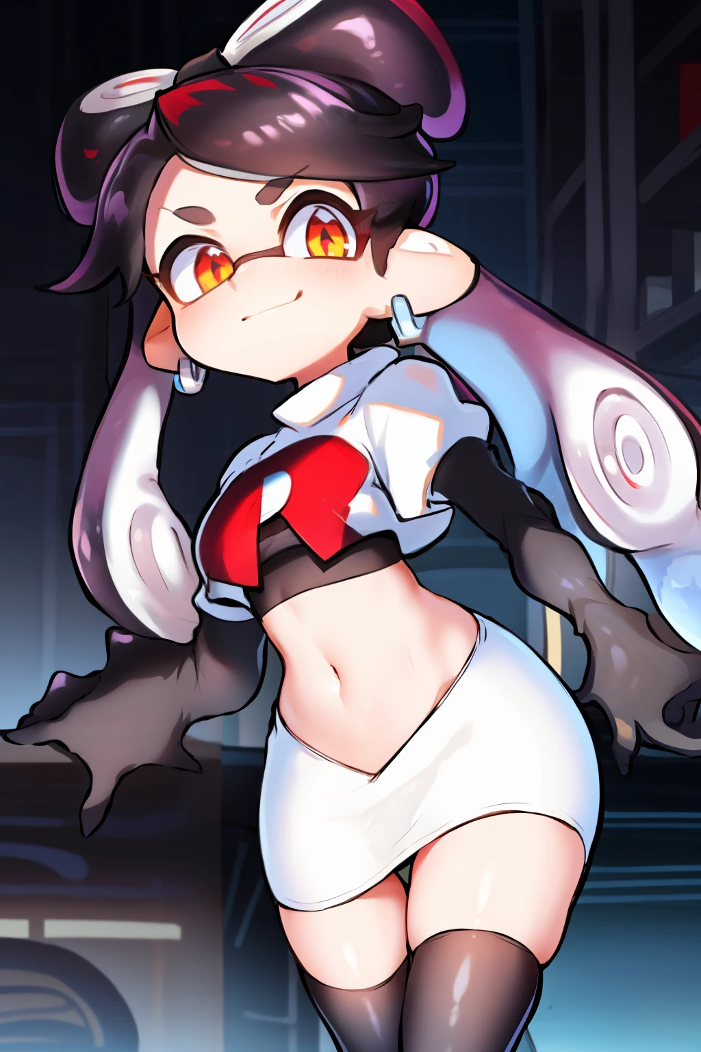 masterpiece, best quality, splatoon,callie, long hair, tentacle hair, cute, team rocket,team rocket uniform,white skirt,red letter R,crop top,black thigh-highs,black elbow gloves