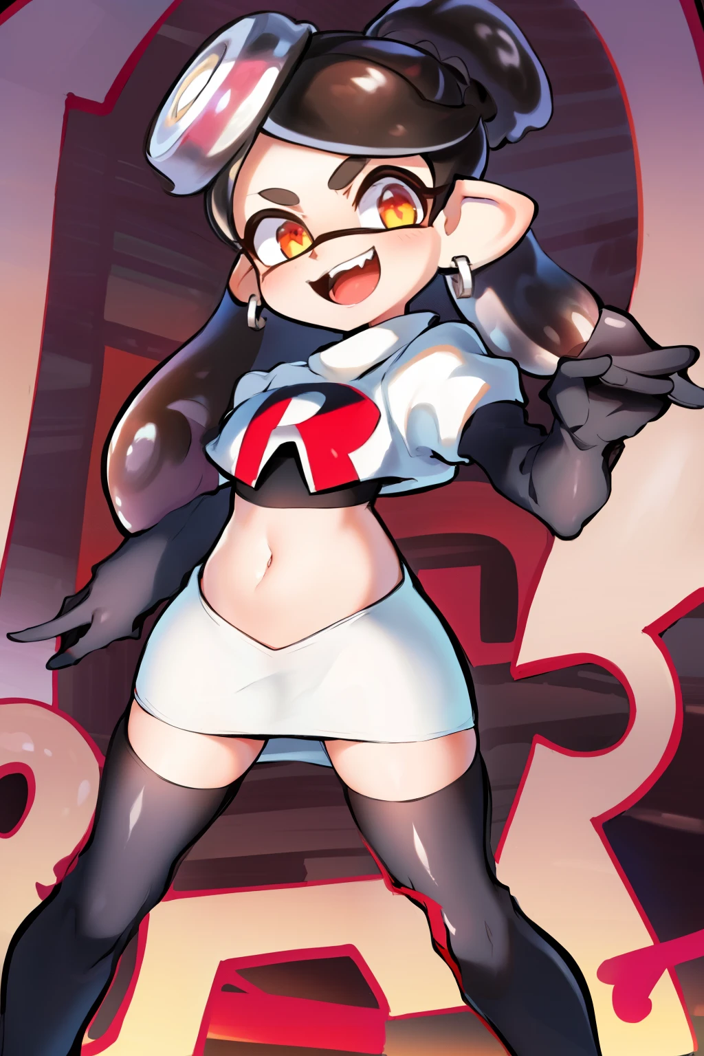 masterpiece, best quality, splatoon,callie, long hair, tentacle hair, cute, team rocket,team rocket uniform,white skirt,red letter R,crop top,black thigh-highs,black elbow gloves