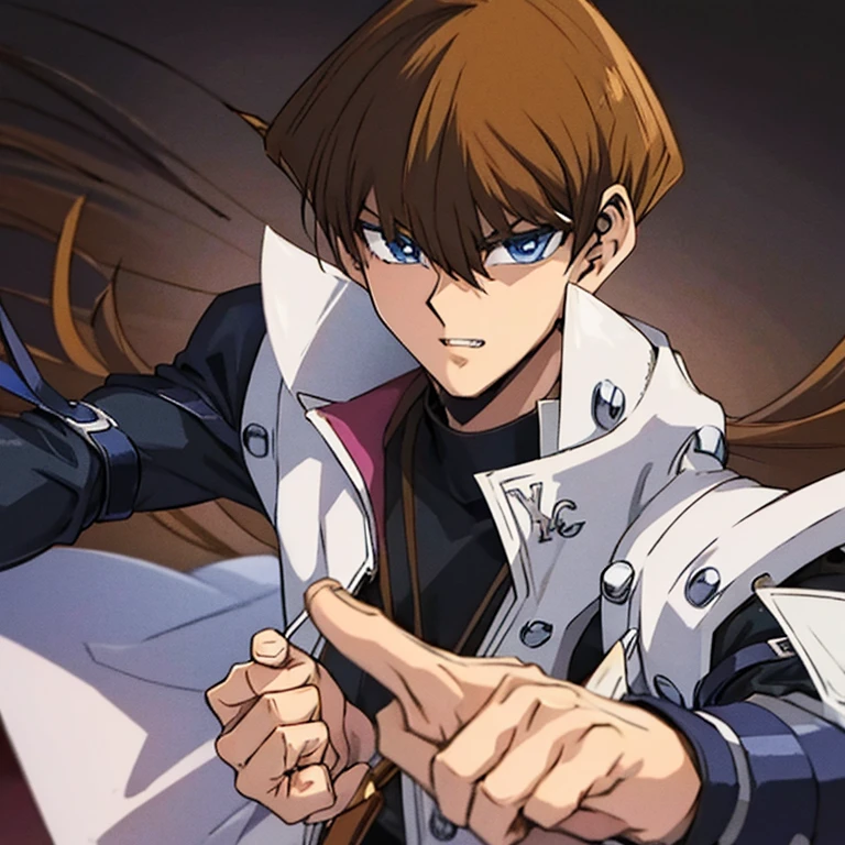 1 boy, seto kaiba, epic pose, yelling to cam, brown hair, black shirt, white jacket