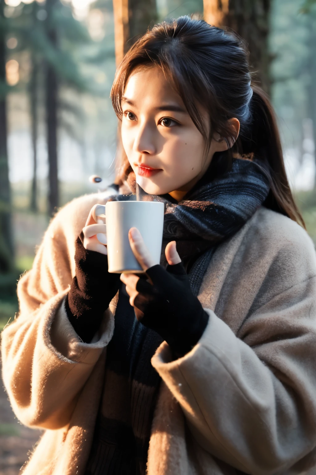 Women drink 1 cup of coffee in near forest at camping ground, realistic, very realistic, perfect anatomy, real skin, foggy weather, dim light, perfect finger, wearing wool gloves, wearing fur scarf