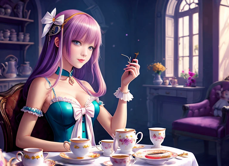 ein Comicbild einer Frau in einem blauen Kleid und einer Krawatte, Alice im Wunderland cyberpunk, Alice X. Zhang, Alice im Wunderland style, artgerm bunt!!!, Alice im Wunderland, portrait of Alice im Wunderland, like Alice im Wunderland, Alice im Wunderland syndrome, Alice im Wunderland, Alice attends a crazy tea party