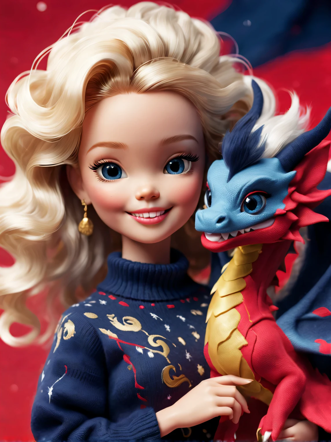 tully shaw style (Close up of cute laughing dragon and barbie girl with long black curly hair: 1.1), Exudes luxury, Gorgeous fashionable winter cashmere wool craft, With dark navy blue and fiery red background, 2024 new year elements, Flying coins, heavy snow ground, Wool is woven into a variety of styles and textures with great skill and skill, Pay attention to the edge of the sweater、Details such as stitching ensure smooth lines of the sweater、seamless, Demonstrate perfect craftsmanship and quality. Cute 3d rendering, Cute and detailed digital art, slight feeling, stylized 3d render, 8K 3D character art rendering, lovely digital painting, Anime style 3D, Ultra-detailed rendering, hyper HD, tmasterpiece, Acura, ctextured skin, super detailing, high detal, high high quality, Award-Awarded, Best quality, A high resolution, 16k,