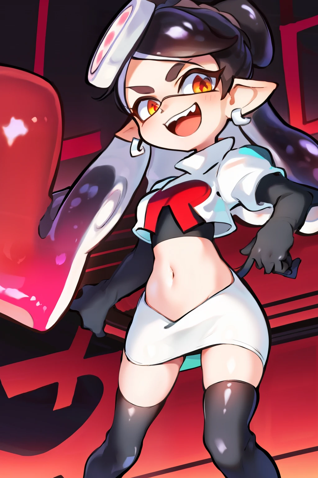 masterpiece, best quality, splatoon,callie, long hair, tentacle hair, cute, team rocket,team rocket uniform,white skirt,red letter R,crop top,black thigh-highs,black elbow gloves