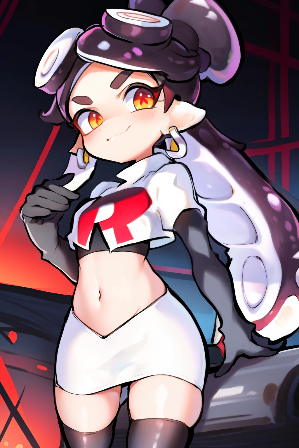 masterpiece, best quality, splatoon,callie, long hair, tentacle hair, cute, team rocket,team rocket uniform,white skirt,red letter R,crop top,black thigh-highs,black elbow gloves