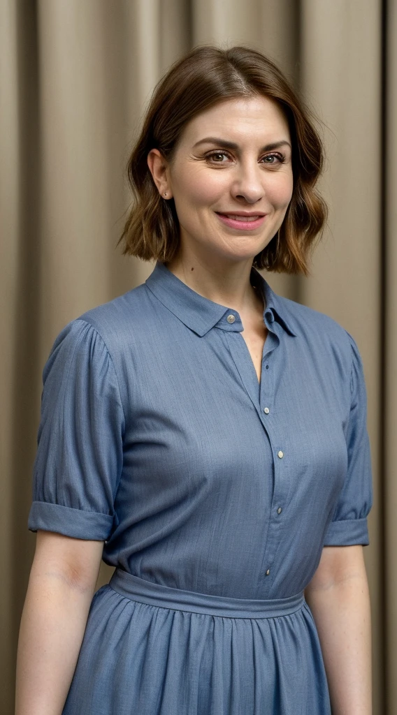 smiling woman with short brown hair and blue shirt in front of a curtain, this person does not exist, 40 years old, lena dunham-jodie whittaker-olga fonda-luciana carro-jami gertz-audrey tatou-lindsey shaw-genevieve padalecki-kajol-sara canning merged, entire body visible, full body, hyperrealistic, best quality, 8K, real human skin, masterpiece, extremely intricate, medium closeup, detailed eyes, detailed face, detailed body, exaggerated features, pronounced features