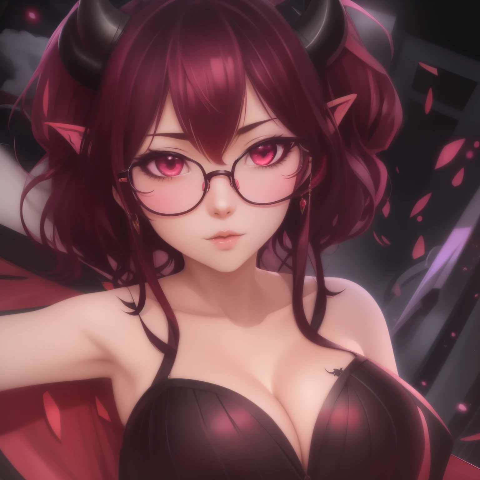 Anime girl with horns and glasses posing for a photo,  anime sedutora, cabelos vermelhos, menina demon, beautiful succubus, Persona 5 Estilo Arte wlop, succubus in tight short dress, succubus in sundress portrait, arte de anime digital detalhada, Demon girl, portrait of Demon girl, anime moe artstyle, Kawacy, mulher bonita sedutora do anime, succubus