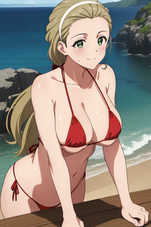 (​masterpiece, top-quality, detaile, hight resolution, extremely delicate and beautiful, anime screen cap, anime colours, 8k, photorealistic), akebi sasaki, hairband, long hair, 1girl, dark green eyes, smile, blush, (red Micro Bikini:1.5), (huge drooping breasts:1.5, cleavage:1.5,), (Leaning forward:1.5, POV:1.5, arms down), (Upper body:1.5), (perfect detailed anatomy, Beauty details of breasts and eyes, Shiny skin), thick outline, beach, Sweat