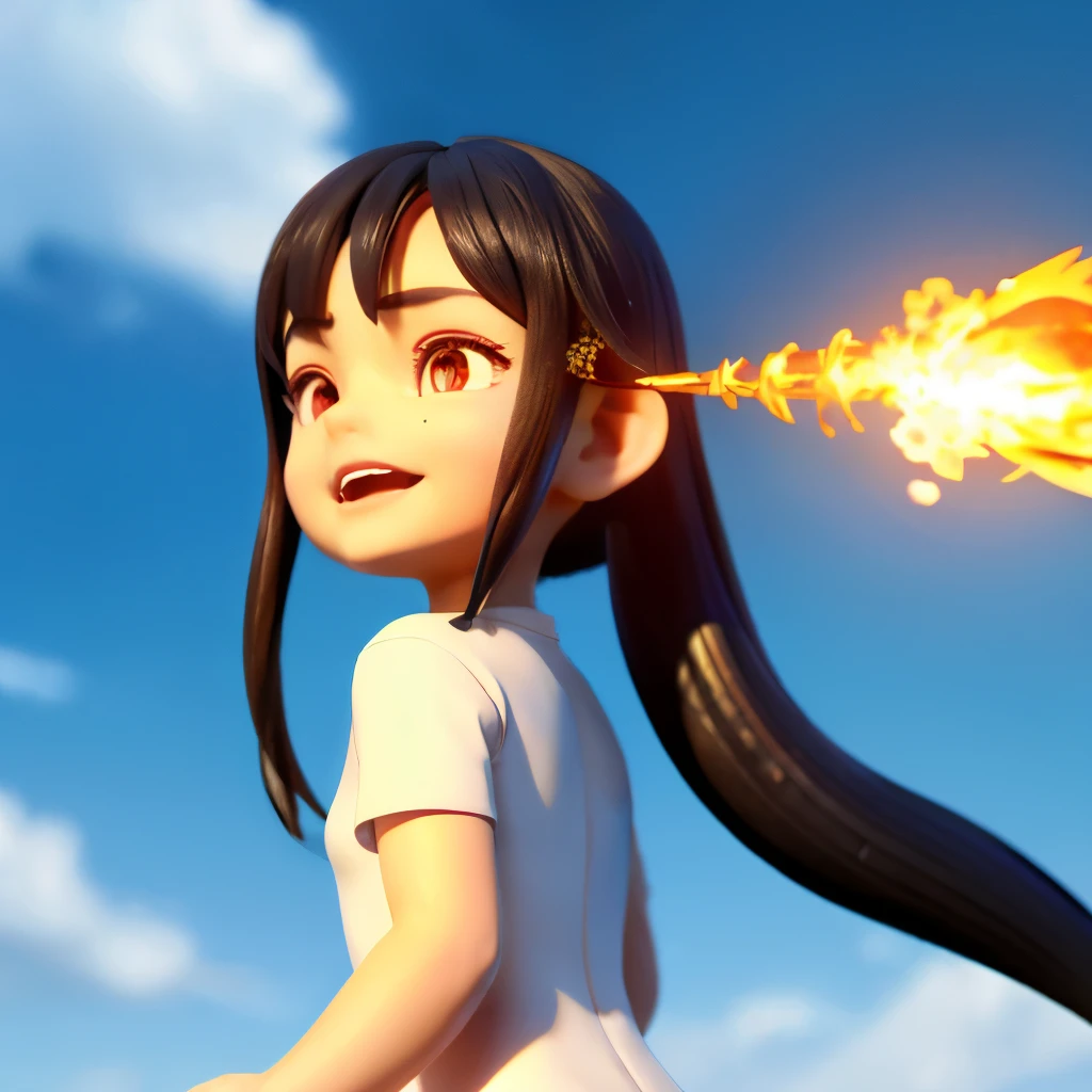 animesque,((The dragon)),(cute little),girl with,(teens girl),Flame from the mouth,figurine,tail,realistic face,cute little顔,full bodyesbian,Eight teeth are visible,irritated,Sky background