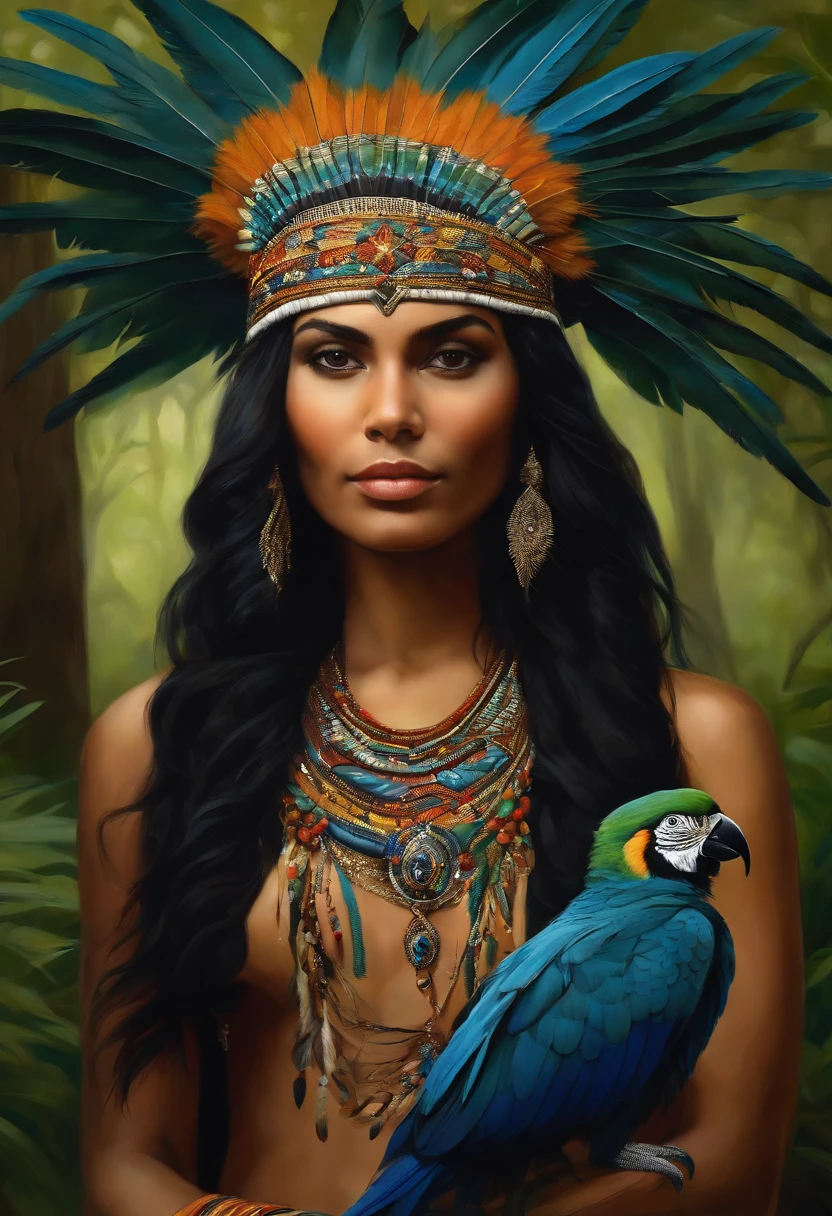 Baroque style painting of a young indigenous woman with a headdress made of Macaw feathers on her head, indigenous body paint, beautiful and strong young woman, blue clothes, green panther eyes, long straight, silky, black hair falling over her shoulders, in the background a forest with jaguars guinea fowl and panthers.