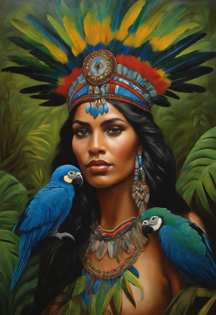 Baroque style painting of a young indigenous woman with a headdress made of Macaw feathers on her head, indigenous body paint, beautiful and strong young woman, blue clothes, green panther eyes, long straight, silky, black hair falling over her shoulders, in the background a forest with jaguars guinea fowl and panthers.
