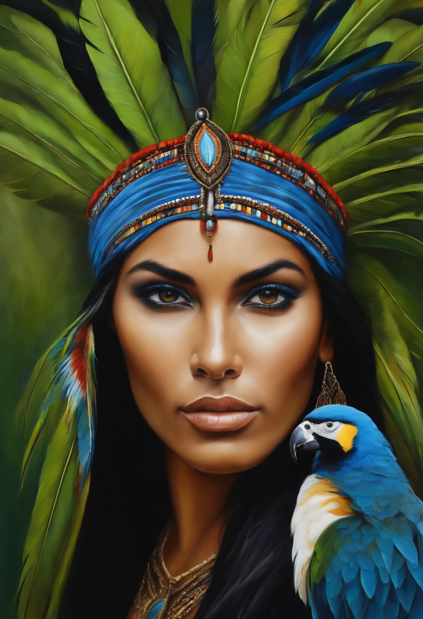 Baroque style painting of a young indigenous woman with a headdress made of Macaw feathers on her head, indigenous body paint, beautiful and strong young woman, blue clothes, green panther eyes, long straight, silky, black hair falling over her shoulders, in the background a forest with jaguars guinea fowl and panthers.