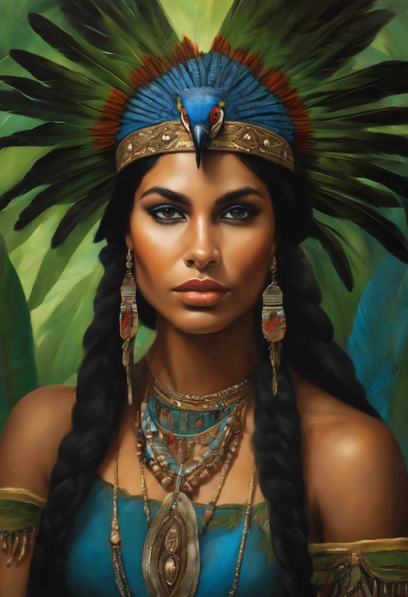 Baroque style painting of a young indigenous woman with a headdress made of Macaw feathers on her head, indigenous body paint, beautiful and strong young woman, blue clothes, green panther eyes, long straight, silky, black hair falling over her shoulders, in the background a forest with jaguars guinea fowl and panthers.