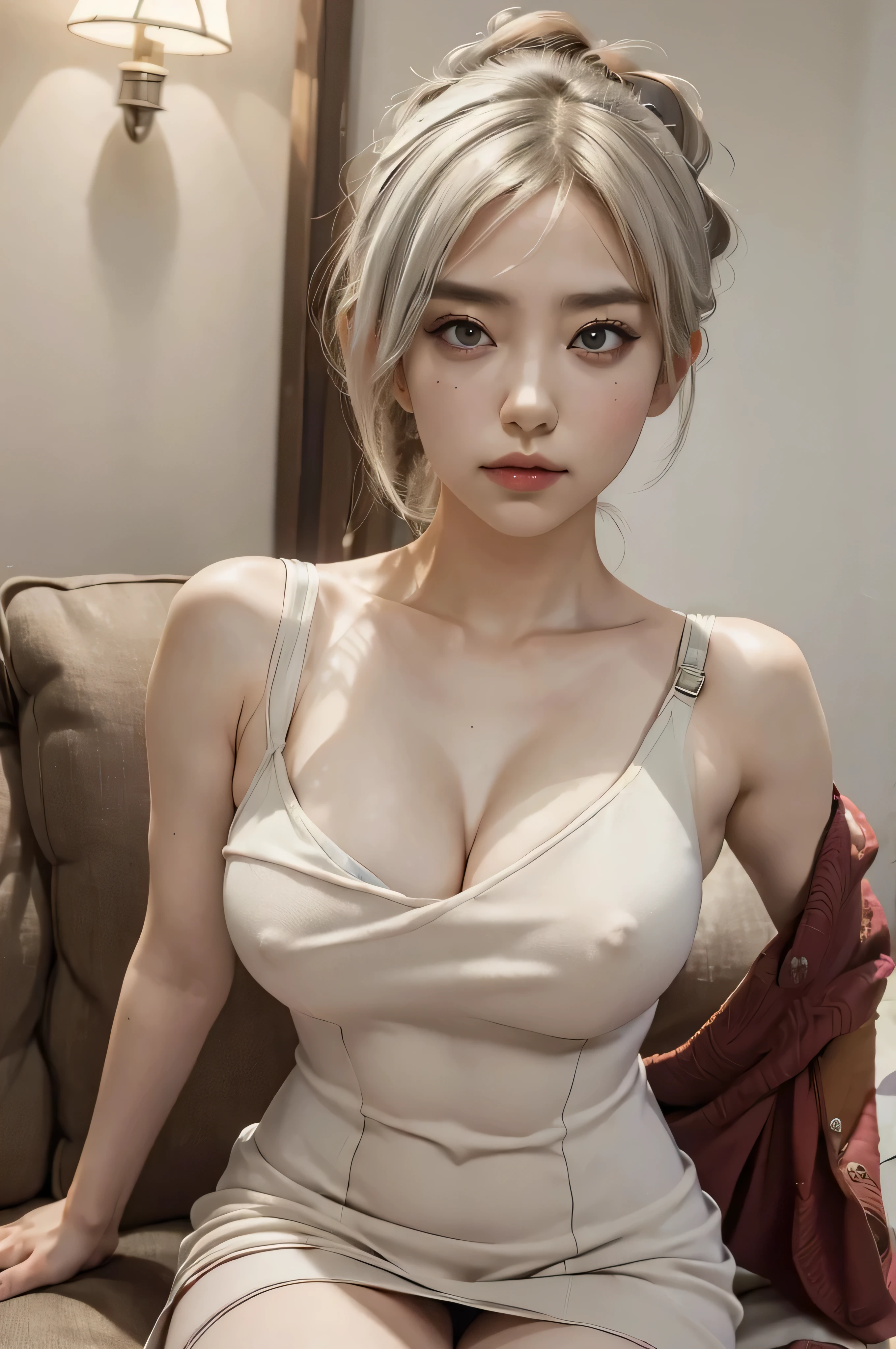 (Best Quality, masutepiece:1.4), (Realism:1.2), (Realisitc:1.2), (absurderes:1.2), (Photorealistic:1.3), 1girl in,Realistic skin,Solo,( Very big eyes,Beautiful detailed eyes, symmetrical eye), riven \(League of Legends\), 1girl in, folded ponytail, Short dress, Single-pole drone, corsets, White hair, Sitting, Upper body, Cowboy Shot