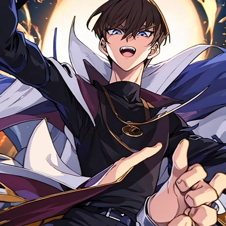 1 boy, seto kaiba, epic pose, yelling to cam with opened mouth, brown hair, black shirt, white jacket,  half body, extended arm with a card in hand