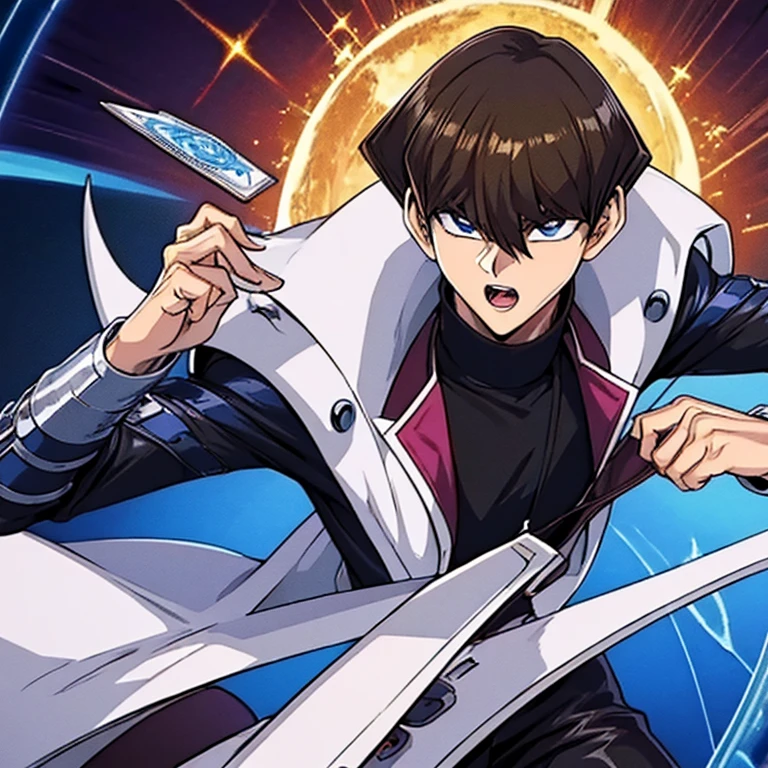 1 boy, seto kaiba, epic pose, yelling to cam with opened mouth, brown hair, black shirt, white jacket,  half body, extended arm with a card in hand