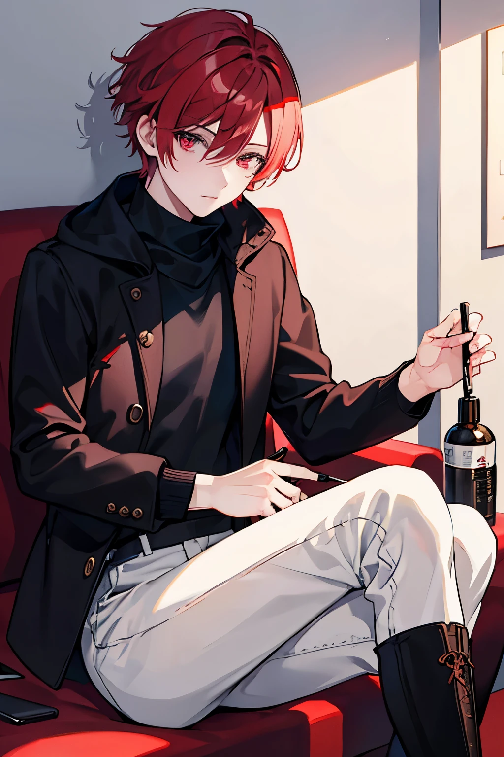 male people red short hair red eyes muffler Sweaters slacks Street let's sit down and have a feast long boots masterpiece Top image quality denoise Clear cinematic shadow Increased attractiveness of the eyes Clear the shine of the eyes Draw eyelashes neatly Perfect Eye A detailed eye Sharpen image quality Sharpen eye writing Clear eye shape