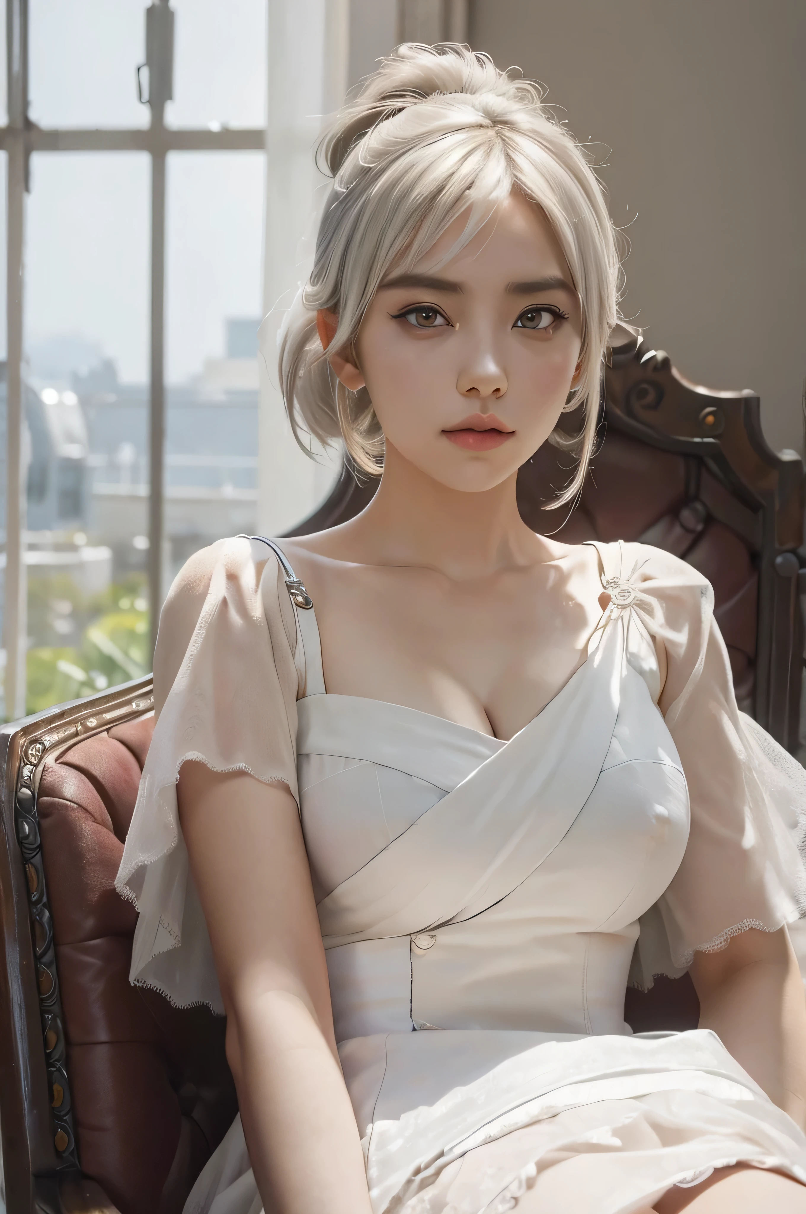 (Best Quality, masutepiece:1.4), (Realism:1.2), (Realisitc:1.2), (absurderes:1.2), (Photorealistic:1.3), 1girl in,Realistic skin,Solo,( Very big eyes,Beautiful detailed eyes, symmetrical eye), riven \(League of Legends\), 1girl in, folded ponytail, Short dress, Single-pole drone, corsets, White hair, Sitting, Upper body, Cowboy Shot