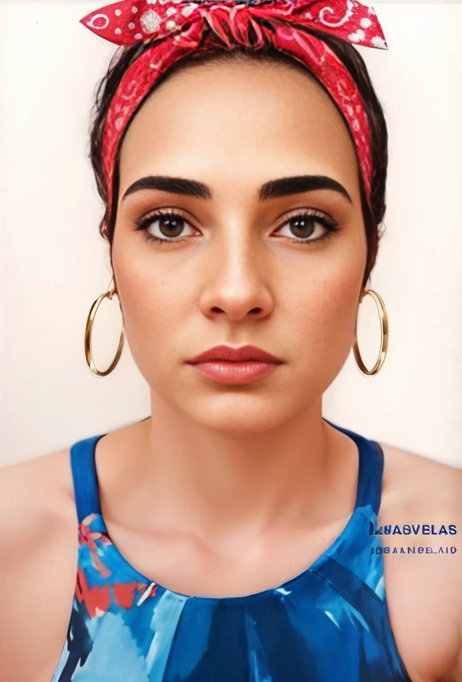uma mulher com cabelos cumpridos pretos e lisos uma bandana vermelha e um top azul, Realistic portrait, photo Realistic portrait, retrato de rosto detalhado, retrato mulher 30 anos, Retrato detalharo estilo realista, realista