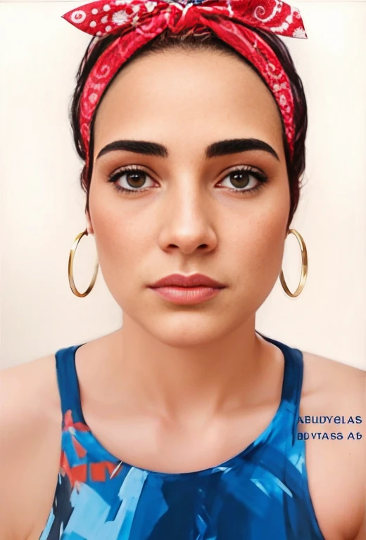 uma mulher com cabelos cumpridos pretos e lisos uma bandana vermelha e um top azul, Realistic portrait, photo Realistic portrait, retrato de rosto detalhado, retrato mulher 30 anos, Retrato detalharo estilo realista, realista