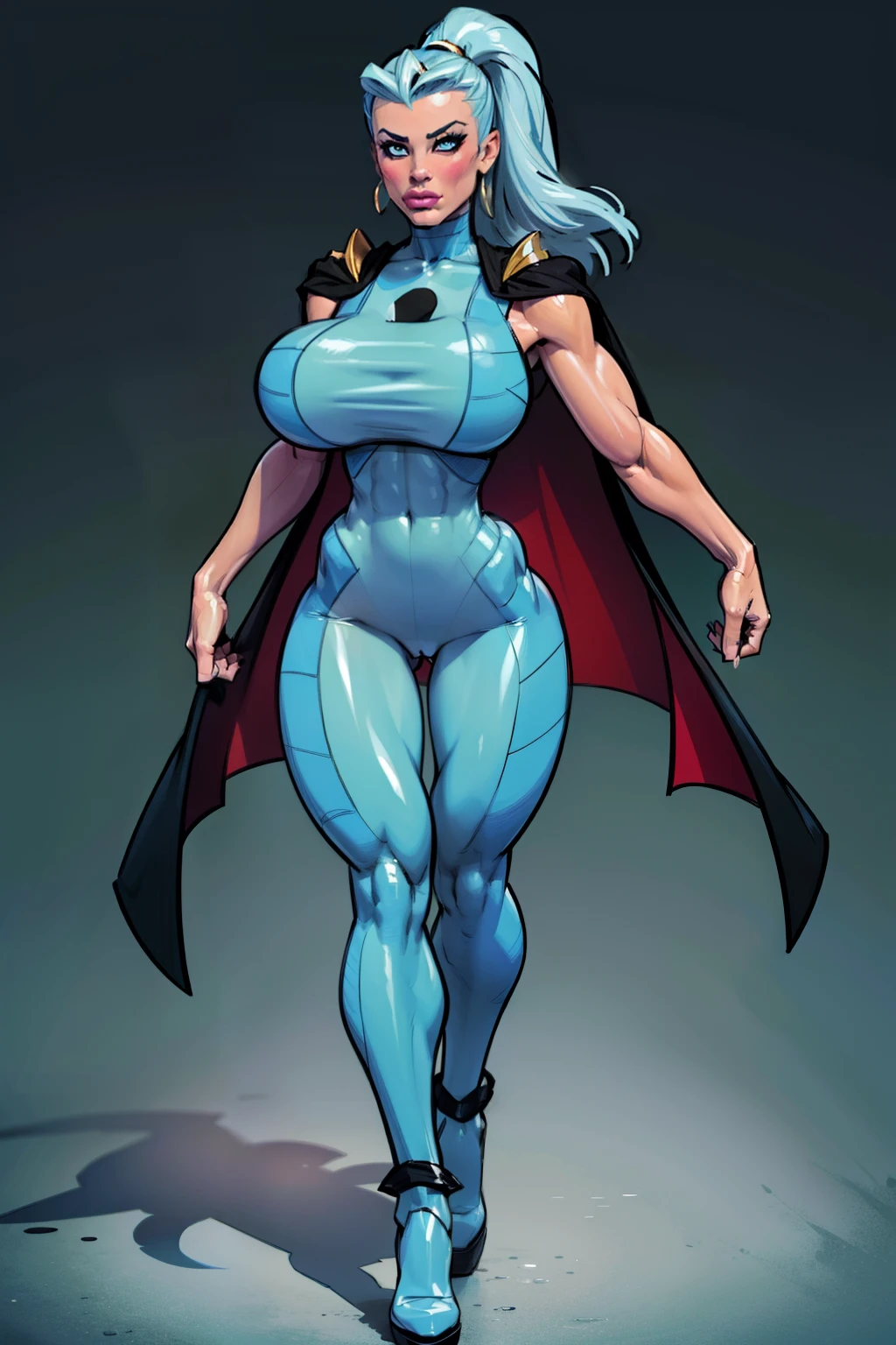 Generate an illustration of a mature Clair, gym leader of pokemon,  ponytail, holding a poke all,  de terno preto, long hair, hair flows straight down, darkblue hair, (gigantic breasts:1.4), blue outfit in anime format with a serious style, (black cape), blue tights, blue boots, gothic make up, masterpiece, ((dark lighting)), black background, puffy lips,slendered abs, beautiful face,