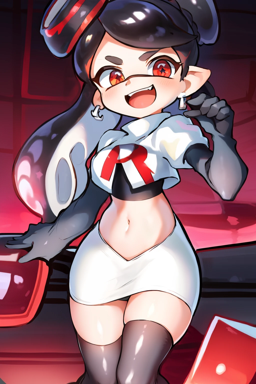masterpiece, best quality, splatoon,callie, long hair, tentacle hair, cute, team rocket,team rocket uniform,white skirt,red letter R,crop top,black thigh-highs,black elbow gloves
