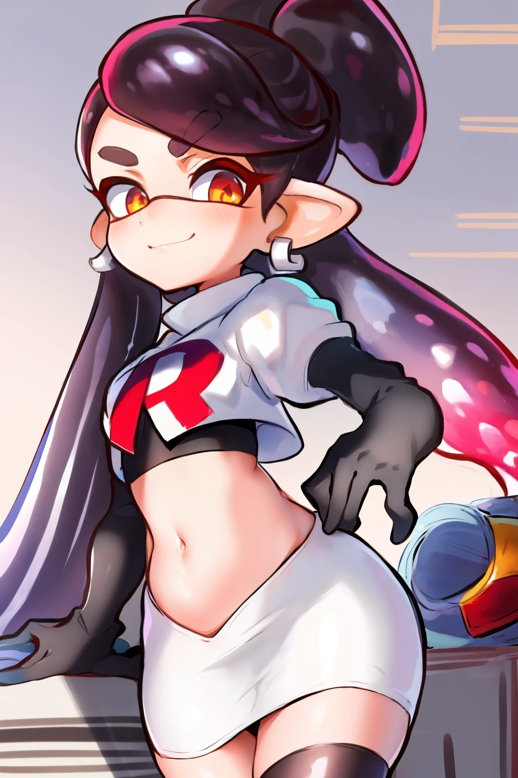 masterpiece, best quality, splatoon,callie, long hair, tentacle hair, cute, team rocket,team rocket uniform,white skirt,red letter R,crop top,black thigh-highs,black elbow gloves