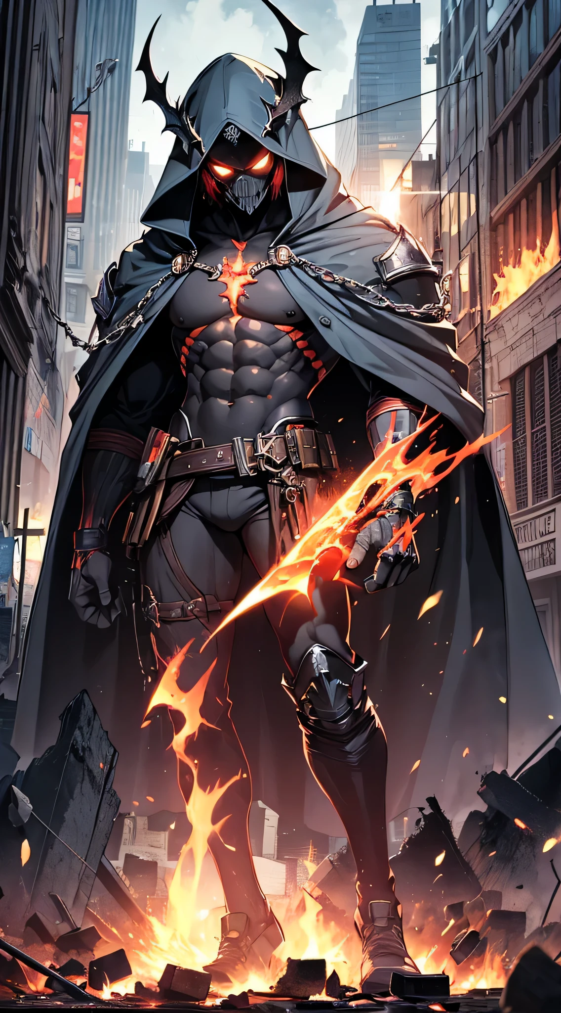 top-quality、Top image quality、masterpiece、Diabolical((Black cloak、well-muscled、best macho、full body chain、Angry eyes、Red blood、fighting poses、lava body,Body of Flame、Skeleton head、Holding a flaming sword in his right hand、Flame shield held in left hand)),hiquality、Beautiful Art、Background with((A crumbling city、the City of Fire)),masutepiece、Elaborate design、visualart、Perfect Art、Horror movie style、