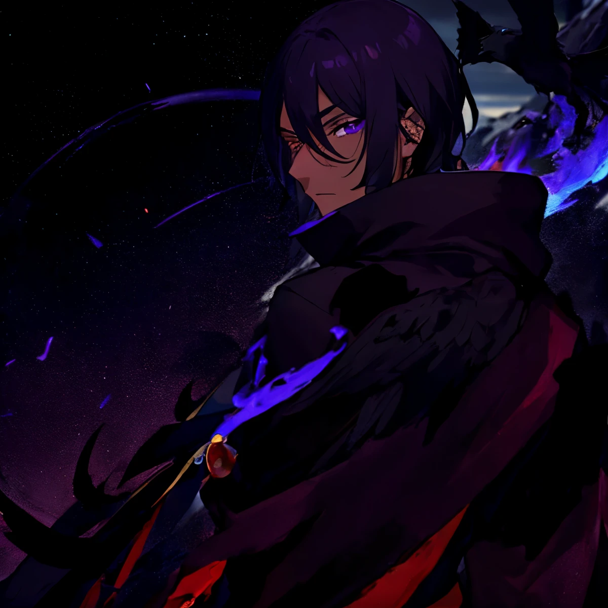 anime character with a crow on his arm in front of a mountain,  role, black hair, brown skin, purple eyes, purple, red, and blue fire, fiery aura, magic circle