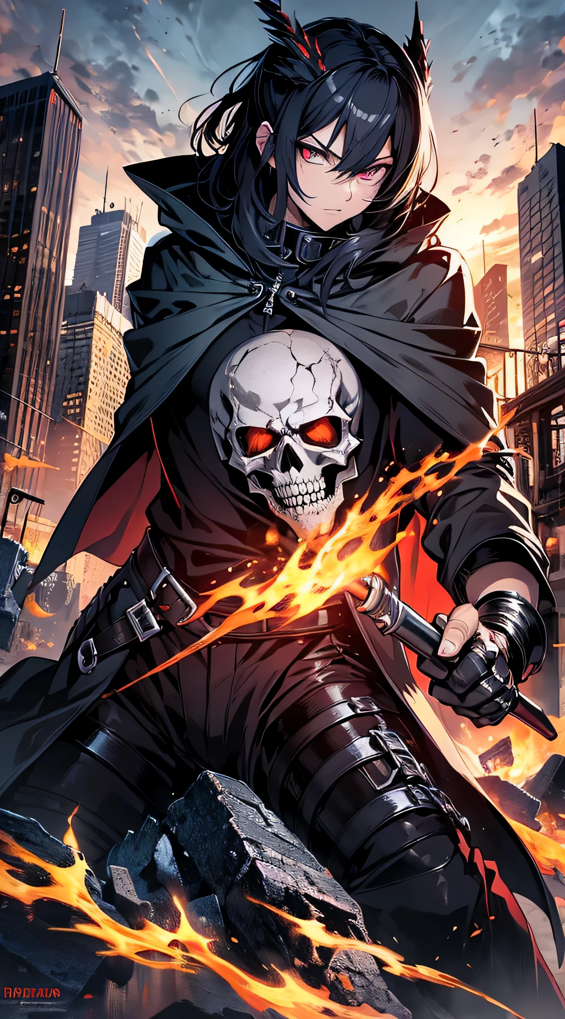 top-quality、Top image quality、masterpiece、Diabolical((Black cloak、well-muscled、best macho、full body chain、Angry eyes、Red blood、fighting poses、lava body,Body of Flame、Skeleton head、Holding a flaming sword in his right hand、Flame shield held in left hand)),hiquality、Beautiful Art、Background with((A crumbling city、the City of Fire)),masutepiece、Elaborate design、visualart、Perfect Art、Horror movie style、
