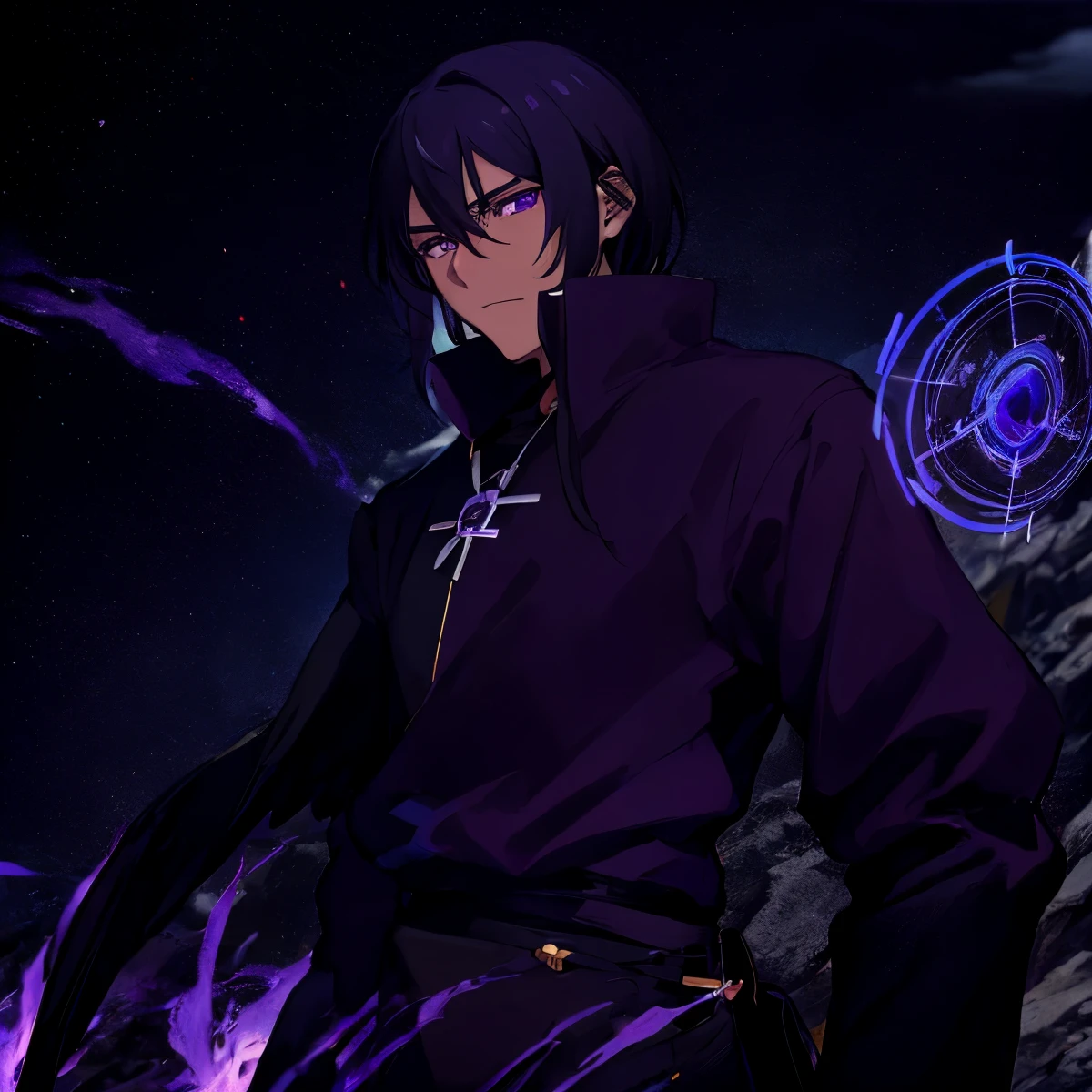 anime character with a crow on his arm in front of a mountain,  role, black hair, brown skin, purple eyes, purple, red, and blue fire, fiery aura, magic circle