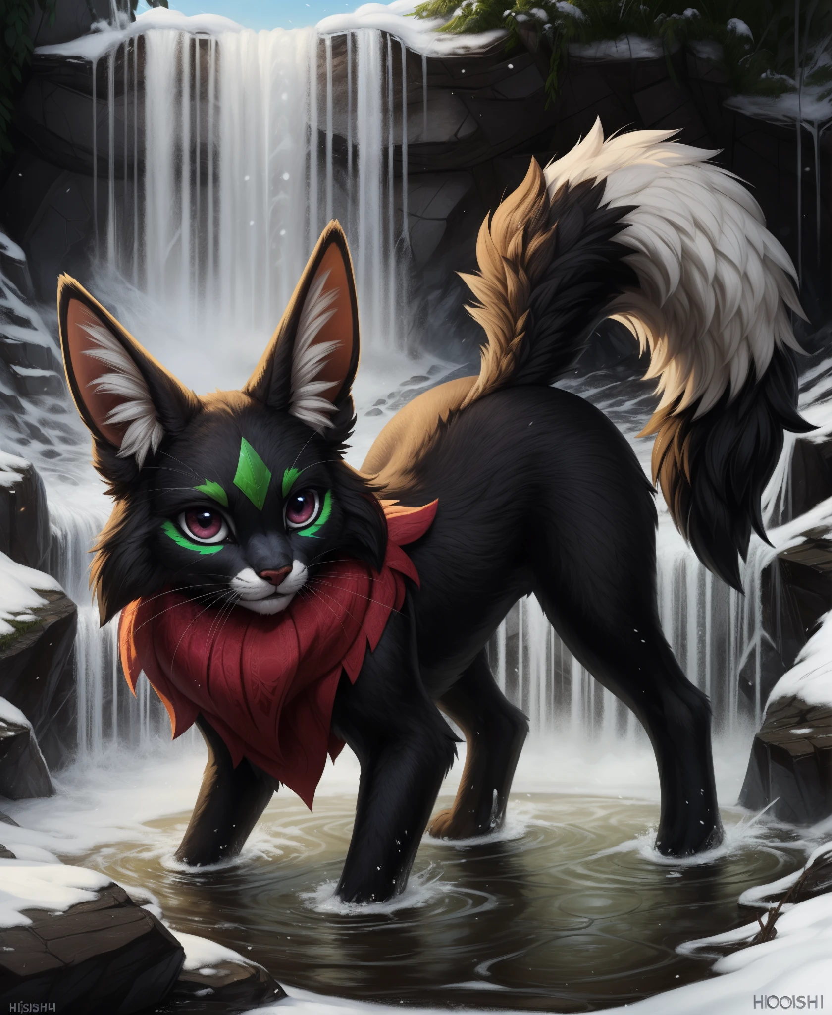 animal focus, three-quarter view, (feral), meowscarada, eeveelution, presenting hindquarters, fur, raised tail, (solo), big eyes, pupils, paws, waterfall, ((symmetrical)), female, anatomically correct,,, masterpiece, best quality, by hioshiru, snowskau, foxovh. impasto impressionism, by Michael & Inessa Garmash, Ruan Jia, Pino Daeni, detailed background,