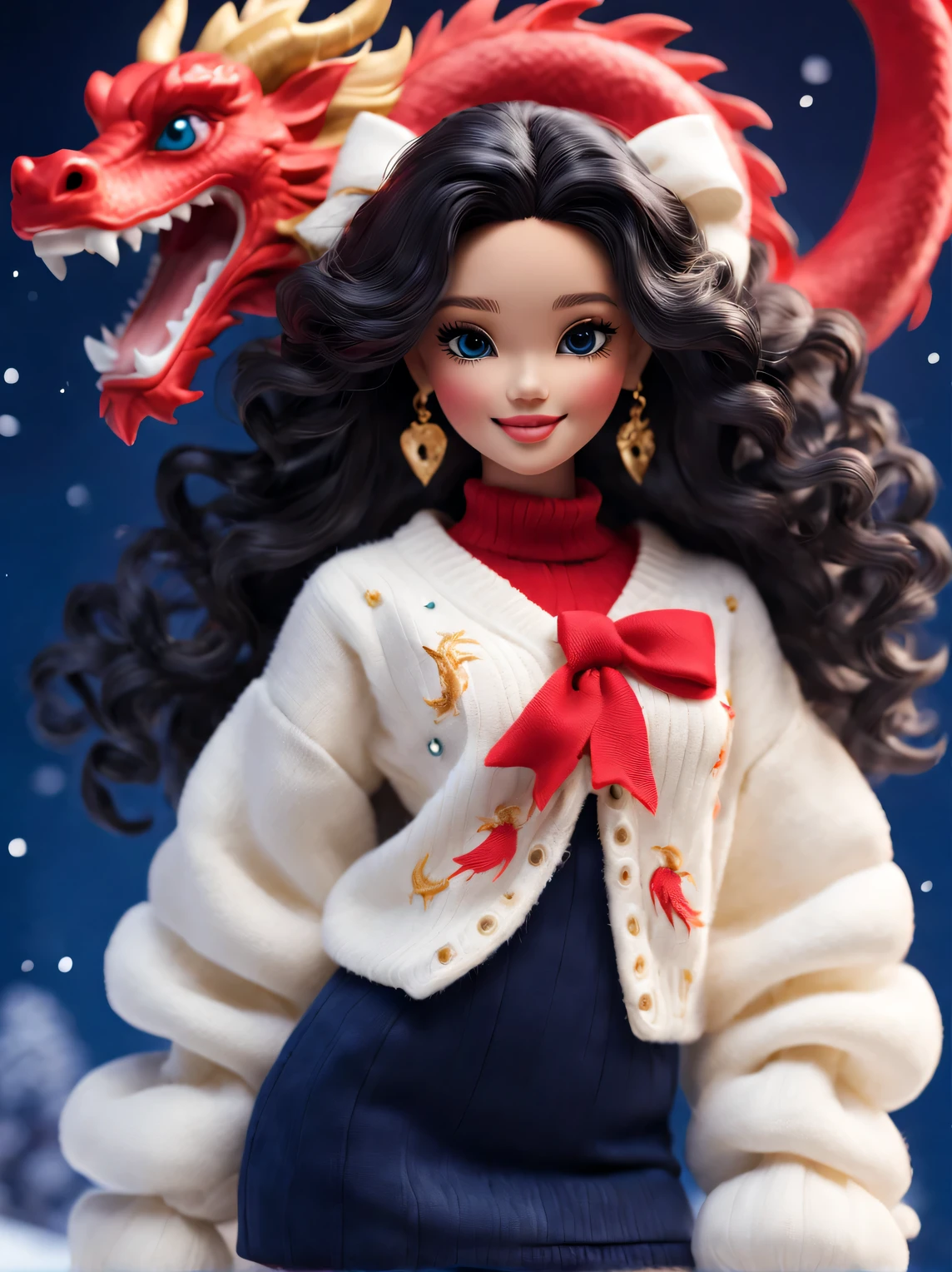 tully shaw style (Closeup of cute smiling barbie girl，She wears a zodiac dragon bow and long black curly hair: 1.1), Exudes luxury, Gorgeous fashionable winter cashmere wool fashion, ，With dark navy blue and fiery red background, 2024 new year elements, golden jewelery, heavy snow ground, Wool is woven into a variety of styles and textures with great skill and skill, Pay attention to the edge of the sweater、Details such as stitching ensure smooth lines of the sweater、seamless, Demonstrate perfect craftsmanship and quality. Cute 3d rendering, Cute and detailed digital art, slight feeling, stylized 3d render, 8K 3D character art rendering, lovely digital painting, Anime style 3D, Ultra-detailed rendering, hyper HD, tmasterpiece, Acura, ctextured skin, super detailing, high detal, high high quality, Award-Awarded, Best quality, A high resolution, 16k,