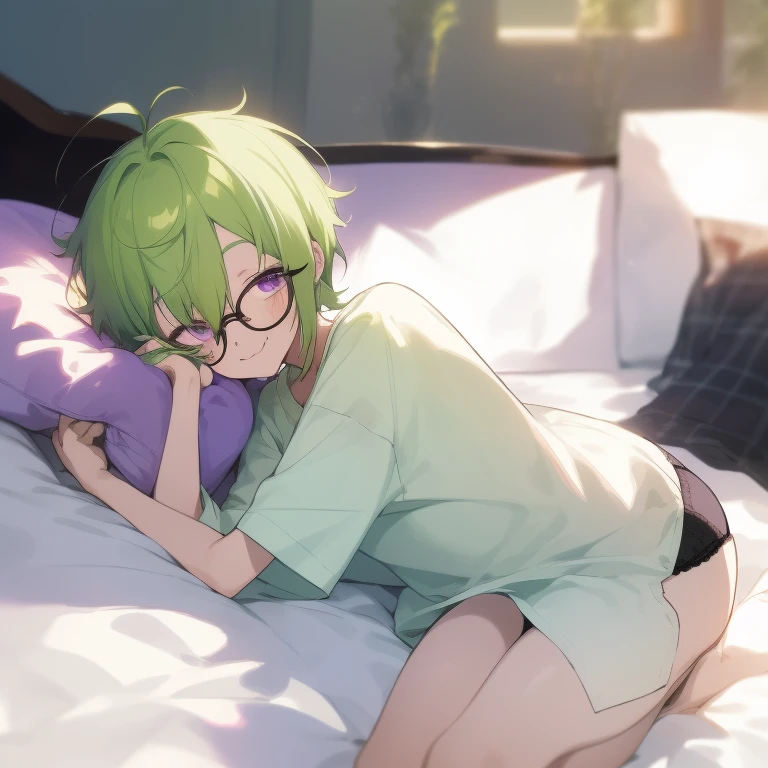Shota boy,green hair,short hair,wearing a black circle glasses,two green antenna,purple eyes,cute,white skin,wearing a oversize shirt,wearing a panties,lying on the bed,sleep,smiling,saliva,???,nsfw