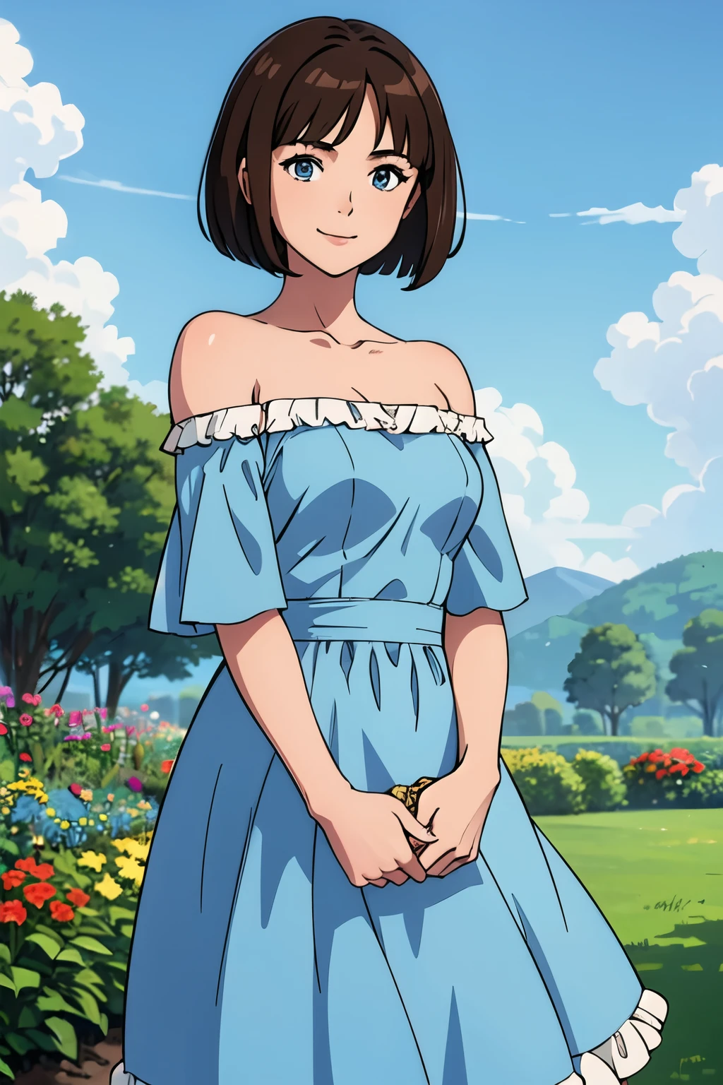 Bianca, brown hair, bob cut, medium hair, blue eyes, soft skin, smile, Light Blue Dress, Strapless Light Blue Dress, Ruffle Off-the-Shoulder Top, Off-the-Shoulder Dress, Long Skirt, anime, masterpiece, best illustration, 2d, very high resolution, 1 girl, garden background.