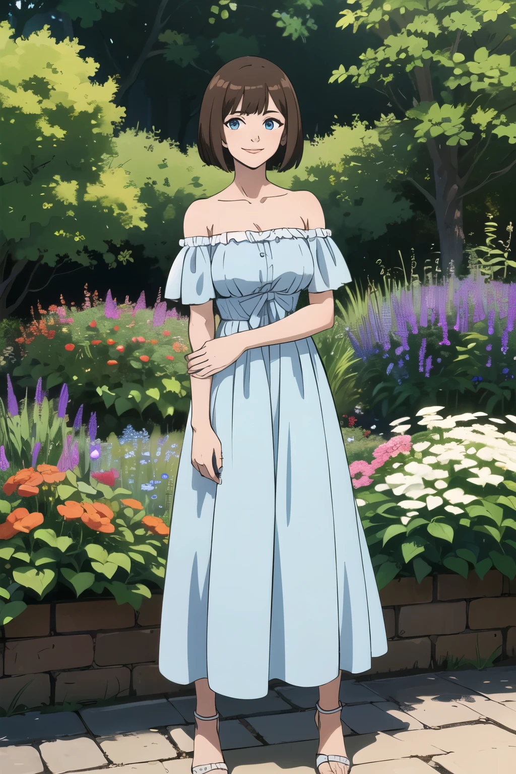 Bianca, brown hair, bob cut, medium hair, blue eyes, soft skin, smile, Light Blue Dress, Strapless Light Blue Dress, Ruffle Off-the-Shoulder Top, Off-the-Shoulder Dress, Long Skirt, anime, masterpiece, best illustration, 2d, very high resolution, 1 girl, garden background.
