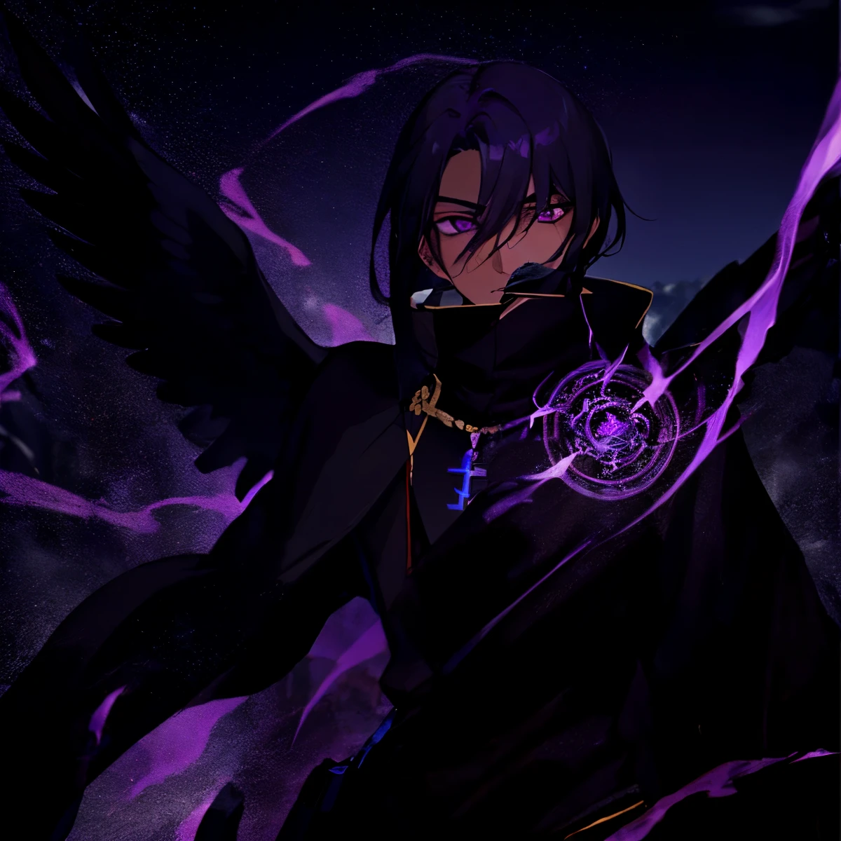 anime character with a crow on his arm in front of a mountain,  role, black hair, brown skin, purple eyes, purple, red, and blue fire, fiery aura, magic circle