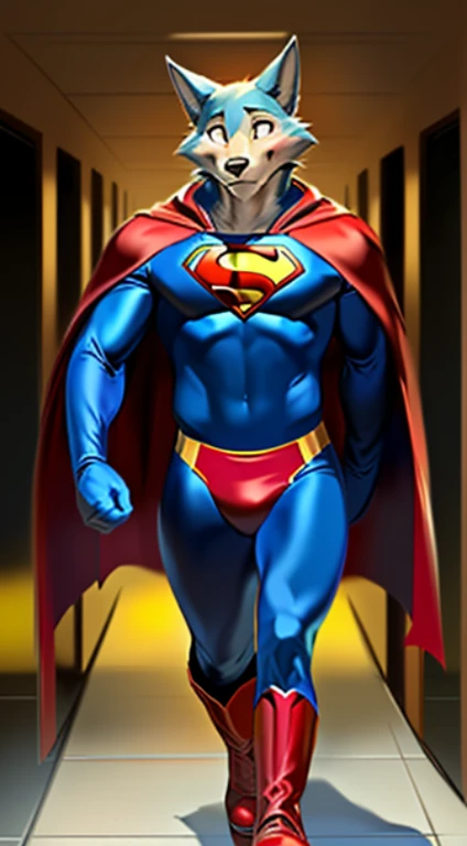 solo, wolf, male, legoshi_(Beastarlack eyes, small pupils, tail, hi res, soft shading, ( detailed fur 1.1 ), (surprise expression), blushing, ( solo 1.1) (detailed), (masterpiece: 1.2), ( full body head to toe show), wearing a superman costume, ( red and blue bodysuit) (spandex superman costume: 1.1), (tight), (red speedo), (red cape), (red boots) red cape, at school corridor, night time, walking out the door ( out from a room ), by chunie by itagaki paru