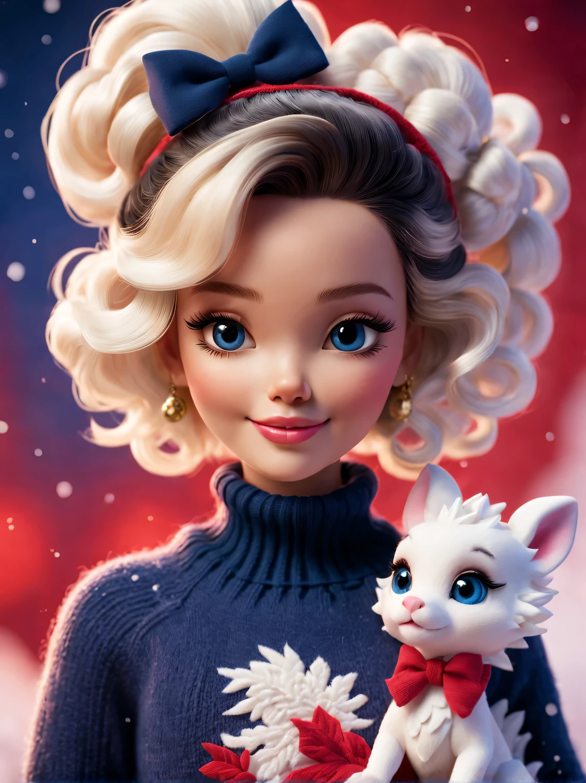 tully shaw style (Close up of cute little dragon and smiling barbie girl with black curly hair: 1.1), Exudes luxury, Gorgeous fashionable winter cashmere wool fashion, Big bow,With dark navy blue and fiery red background, 2024 new year elements, golden jewelery, heavy snow ground, Wool is woven into a variety of styles and textures with great skill and skill, Pay attention to the edge of the sweater、Details such as stitching ensure smooth lines of the sweater、seamless, Demonstrate perfect craftsmanship and quality. Cute 3d rendering, Cute and detailed digital art, slight feeling, stylized 3d render, 8K 3D character art rendering, lovely digital painting, Anime style 3D, Ultra-detailed rendering, hyper HD, tmasterpiece, Acura, ctextured skin, super detailing, high detal, high high quality, Award-Awarded, Best quality at best, A high resolution, 16k,