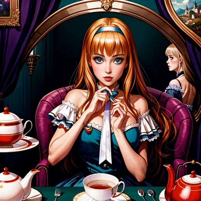 ein Comicbild einer Frau in einem blauen Kleid und einer Krawatte, Alice im Wunderland , Alice X. Zhang, Alice im Wunderland style, artgerm bunt!!!, Alice im Wunderland, portrait of Alice im Wunderland, like Alice im Wunderland, Alice im Wunderland syndrome, Alice im Wunderland, Alice attends a crazy tea party, surreal, psychodelic, optical illusion