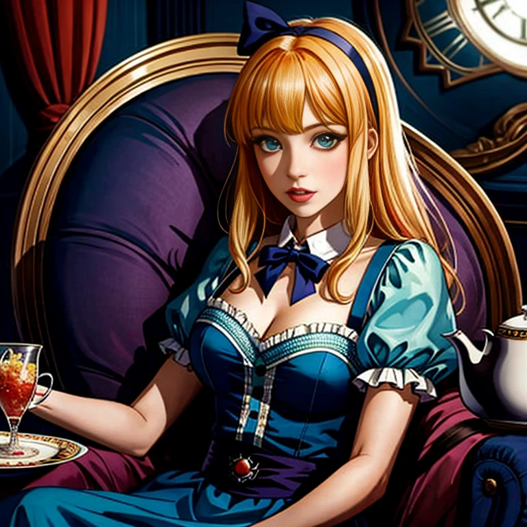 ein Comicbild einer Frau in einem blauen Kleid und einer Krawatte, Alice im Wunderland , Alice X. Zhang, Alice im Wunderland style, artgerm bunt!!!, Alice im Wunderland, portrait of Alice im Wunderland, like Alice im Wunderland, Alice im Wunderland syndrome, Alice im Wunderland, Alice attends a crazy tea party, surreal, psychodelic, optical illusion