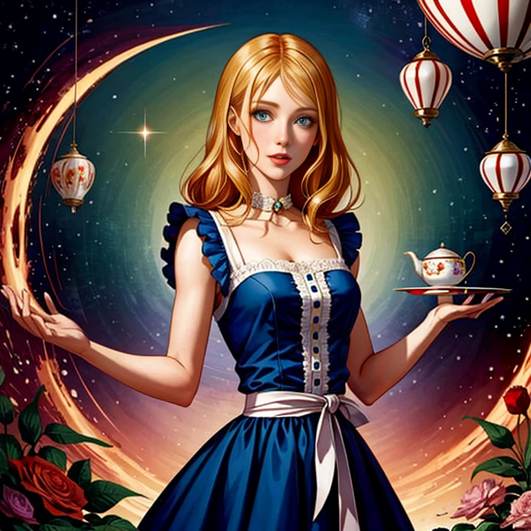 A comic image of a woman in a blue dress and a tie, Alice im Wunderland ...