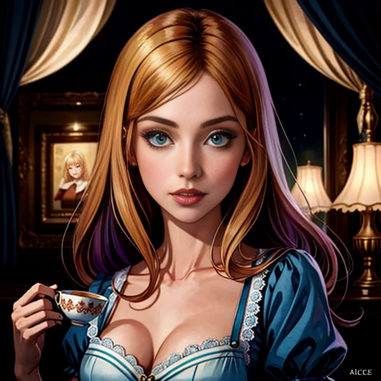 ein Comicbild einer Frau in einem blauen Kleid und einer Krawatte, Alice im Wunderland , Alice X. Zhang, Alice im Wunderland style, artgerm bunt!!!, Alice im Wunderland, portrait of Alice im Wunderland, like Alice im Wunderland, Alice im Wunderland syndrome, Alice im Wunderland, Alice attends a crazy tea party, surreal, psychodelic, optical illusion